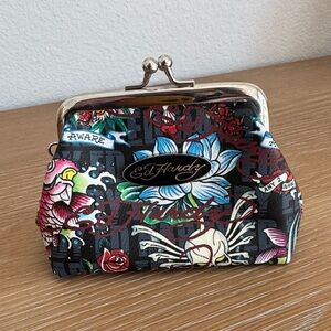 Ed Hardy Kiss Lock Shoulder Clutch Coin Pouch Bag Tattoo Skull Dragon Print NWOT